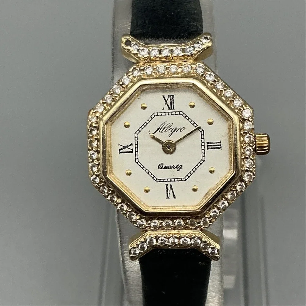 Allegro Womens Watch 22mm White Dial 14K Diamond Bezel Black Leather New Battery